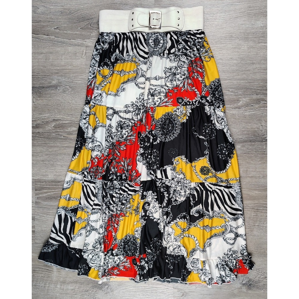 Magic Maxi Skirt L Artsy White Belt Gold Chain Leopard Print Tiered Stretch Boho